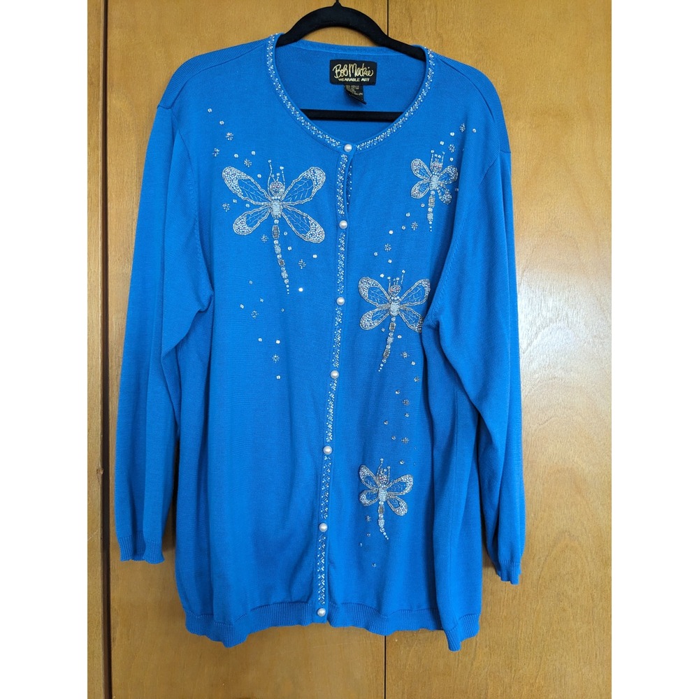 Vintage Bob Mackie Fairycore WearableArt Blue Beaded Dragonfly CardiganSweater2X